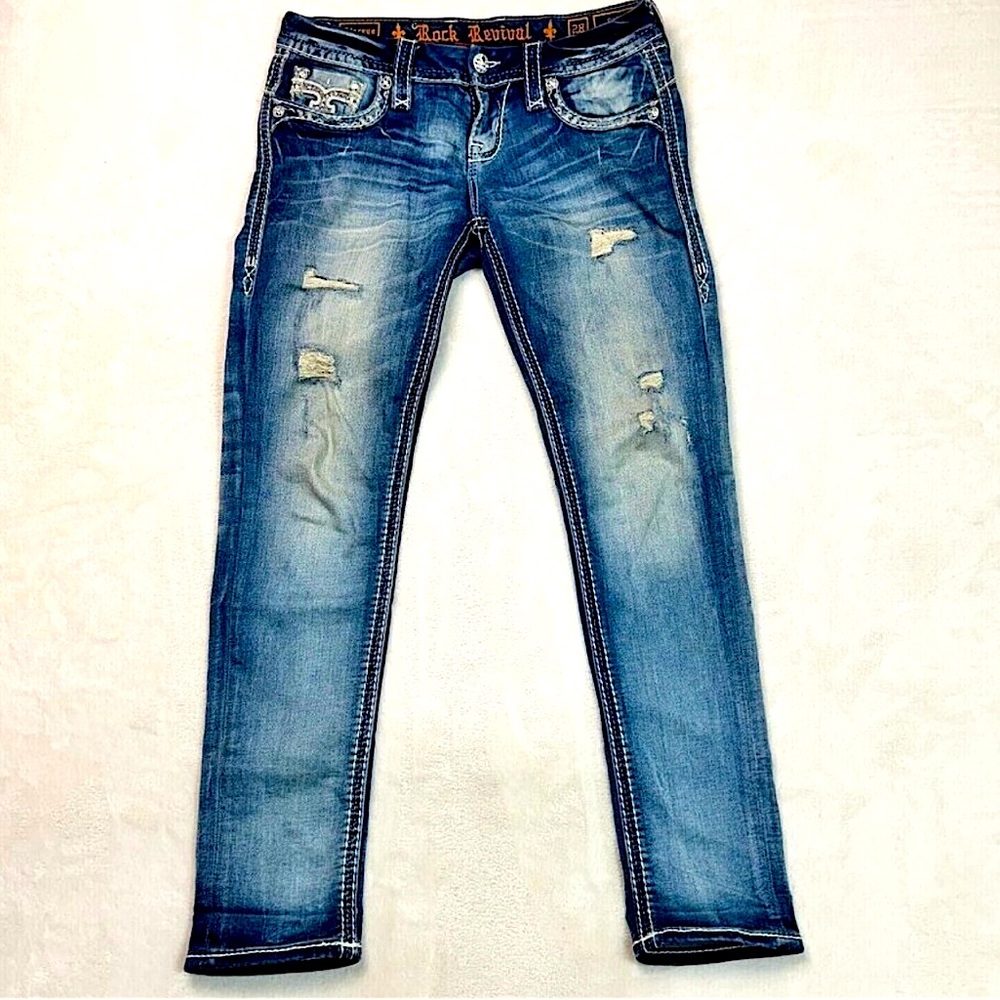 Rock Revival Low Rise Stacey Distress Glittered Pockets Skinny Jeans Size 28